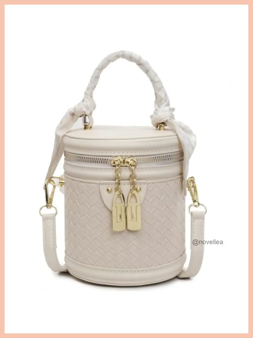 Women's Vegan Leather Woven Mini Bucket Crossbody Bag Purse with Scarf Handle